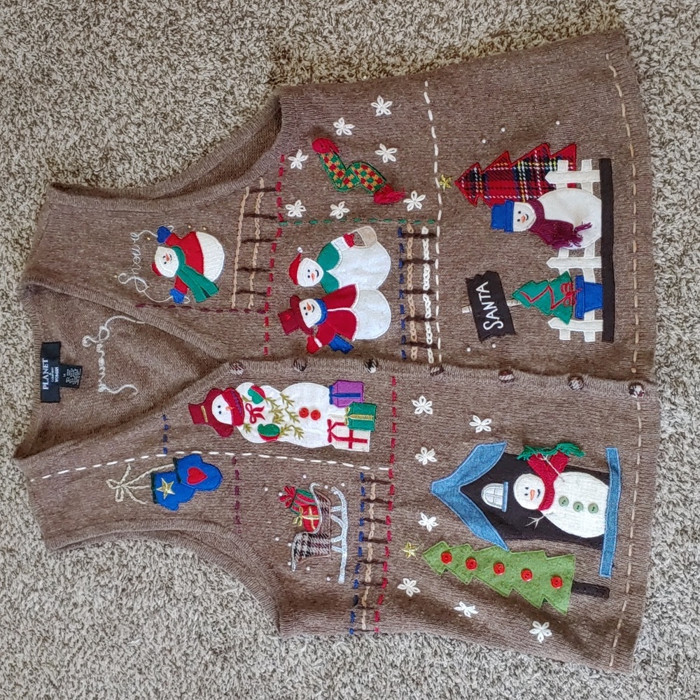 VTG Christmas Sweater Vest Women's Brown Snowman Wool Blend Knit Size 1X